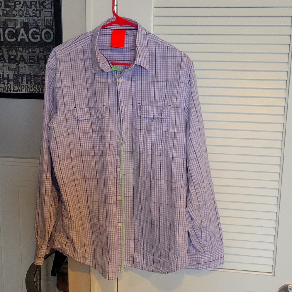 Mens Large Elie Tahari Button Down - Purple Plaid with Bright Lime Green accents